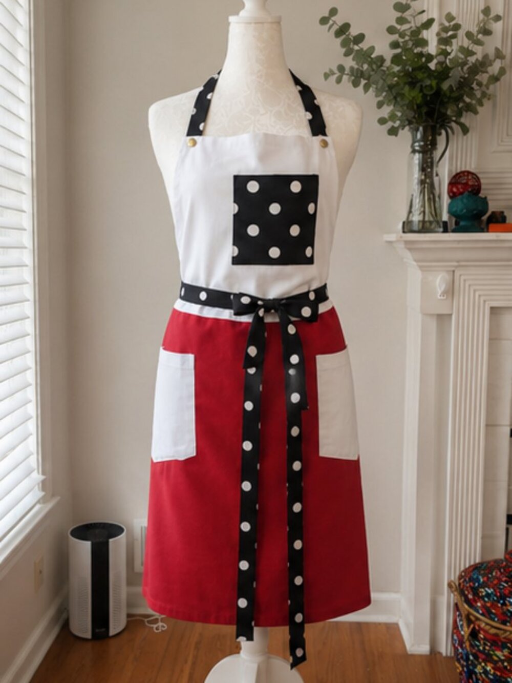 Black & White Polka Dot Utility Apron | 3 Pockets | Gold Hardware